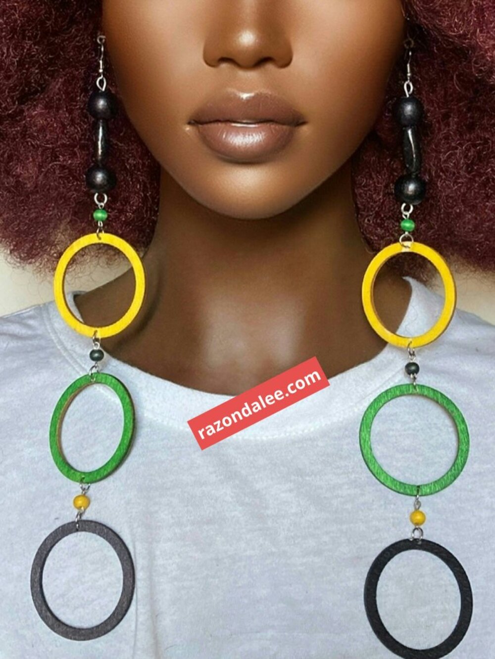 Elongated Dangle Earrings Wooden Hoops Jamaican Colors by Razonda Lee